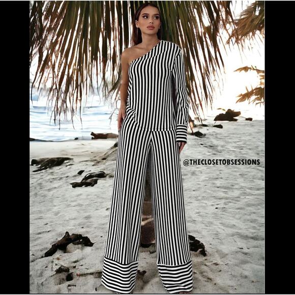 ZARA Striped Co Ord Set NWT | Asymmetric One Shoulder Top + Wide Leg Pants - Picture 12 of 16